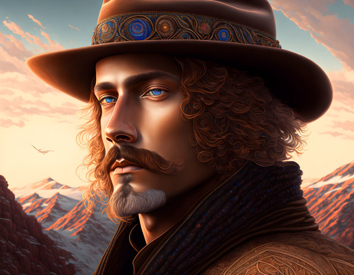 Curly mustache man in decorated hat against mountain sunset