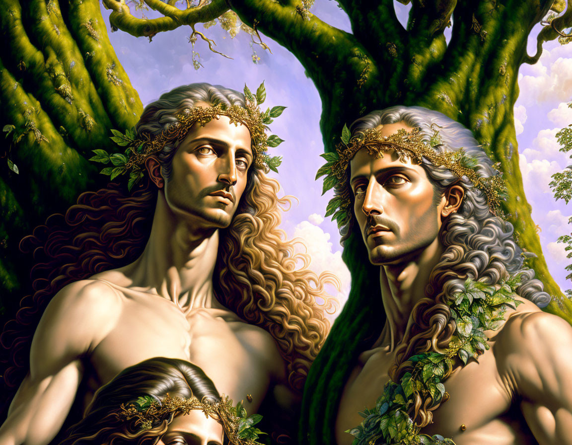 Ethereal figures with laurel wreaths under ancient tree