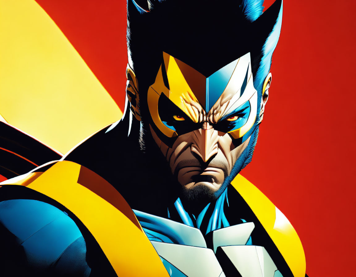 Male superhero in blue and yellow costume with claws on red and yellow backdrop