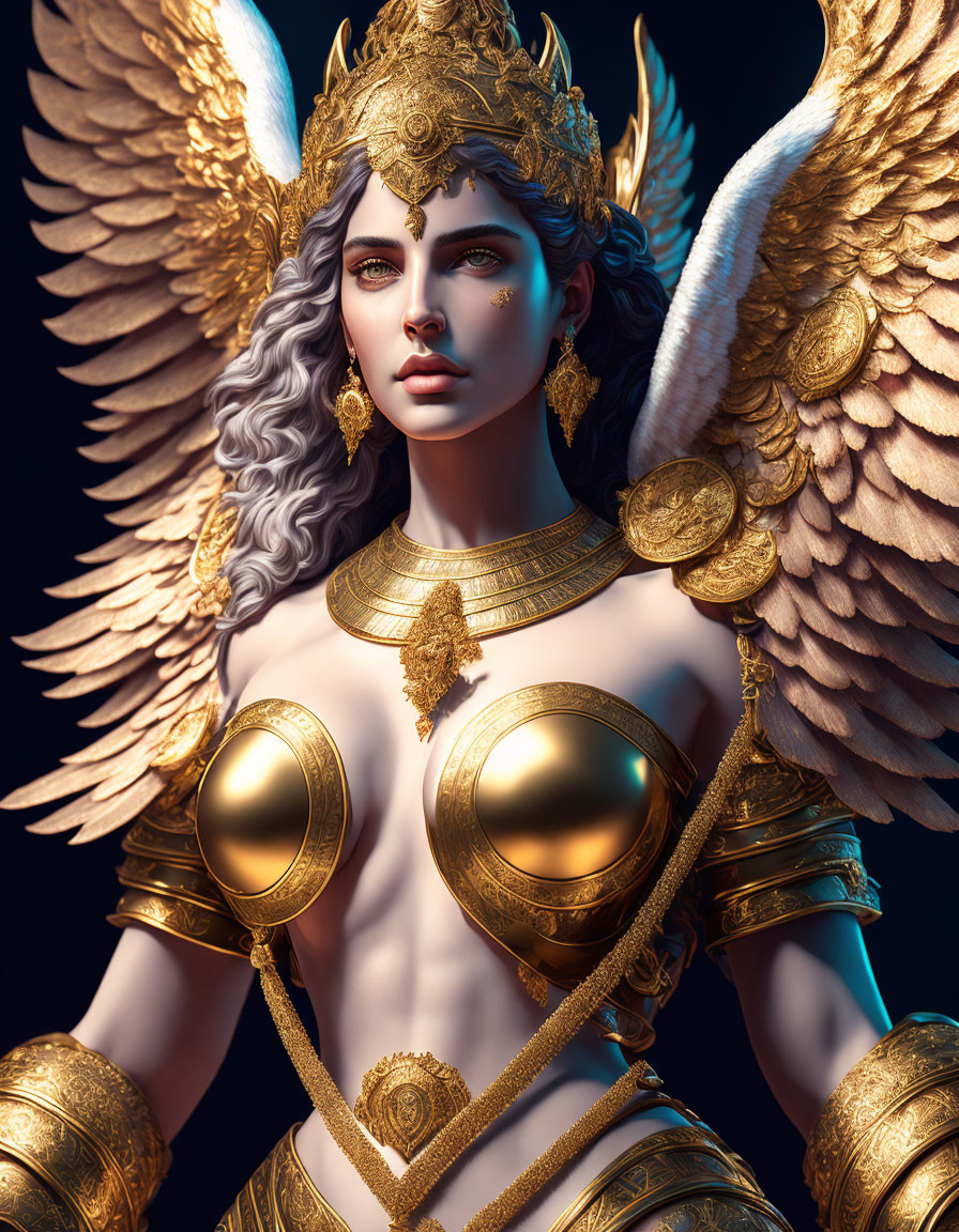 Winged female figure in golden armor and intricate headpiece