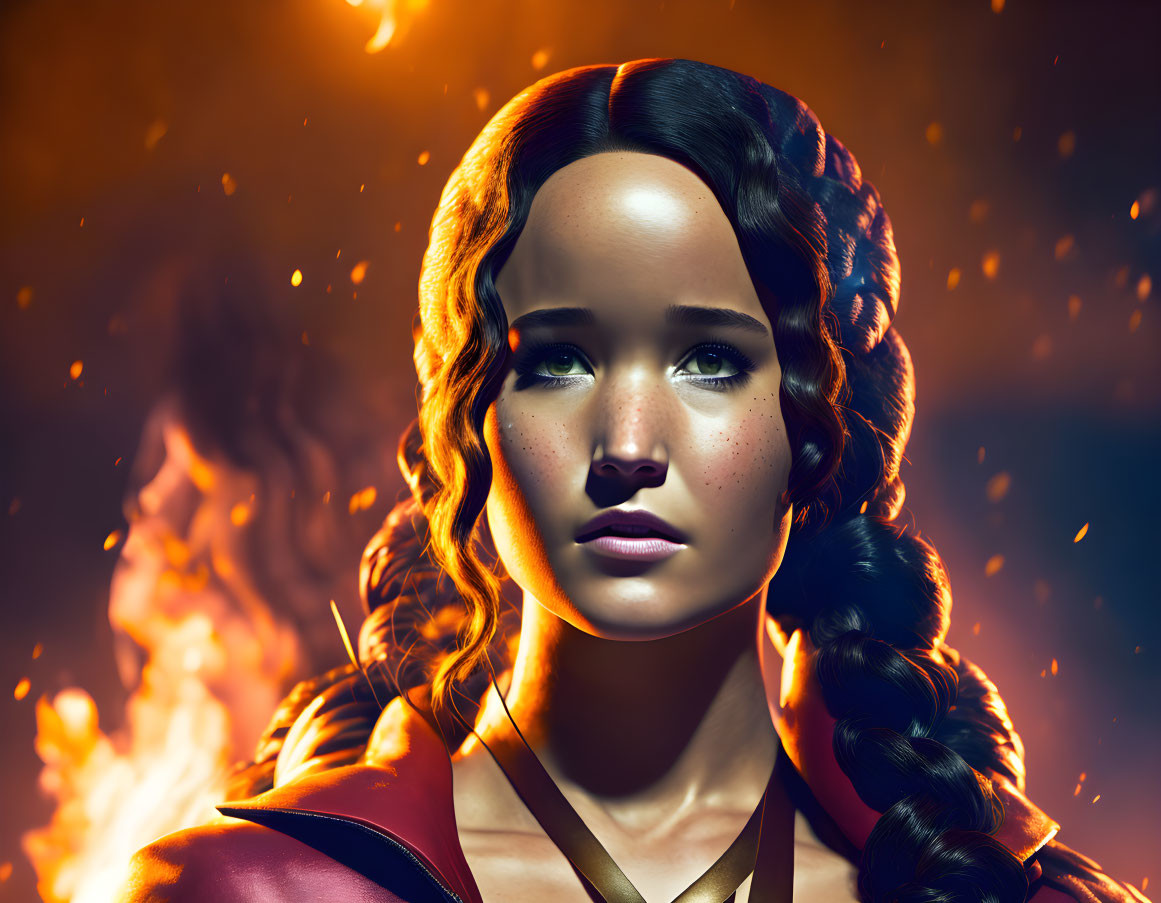 Digital portrait of woman with braided hair and teary eyes in fiery setting