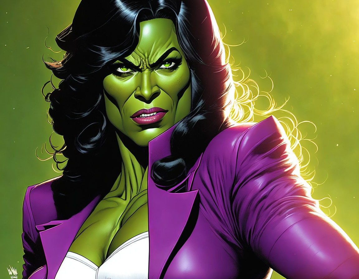 Muscular female superhero with green skin in white and purple suit