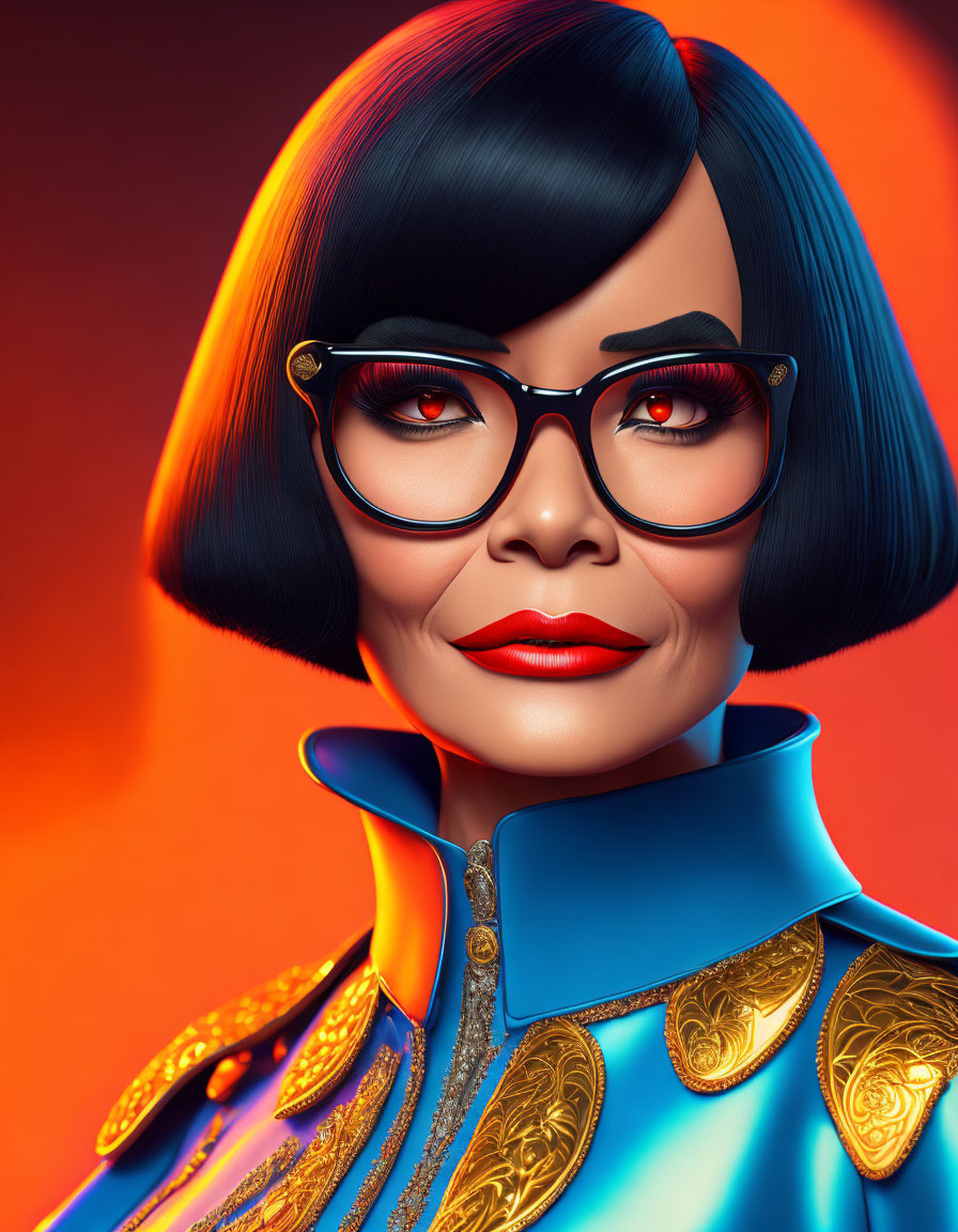 Digital portrait of woman with bob haircut, glasses, red lipstick, blue high-collared outfit.