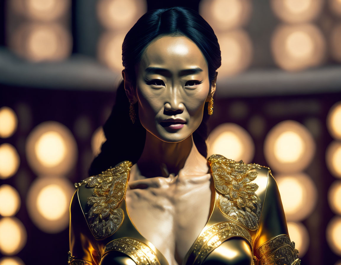 Golden Makeup and Attire Woman in Futuristic Scene