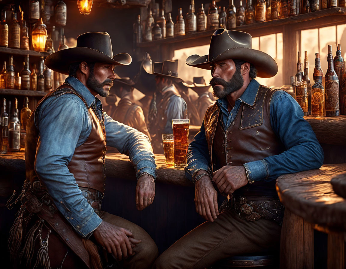 Cowboys in hats with beer at dimly lit saloon bar