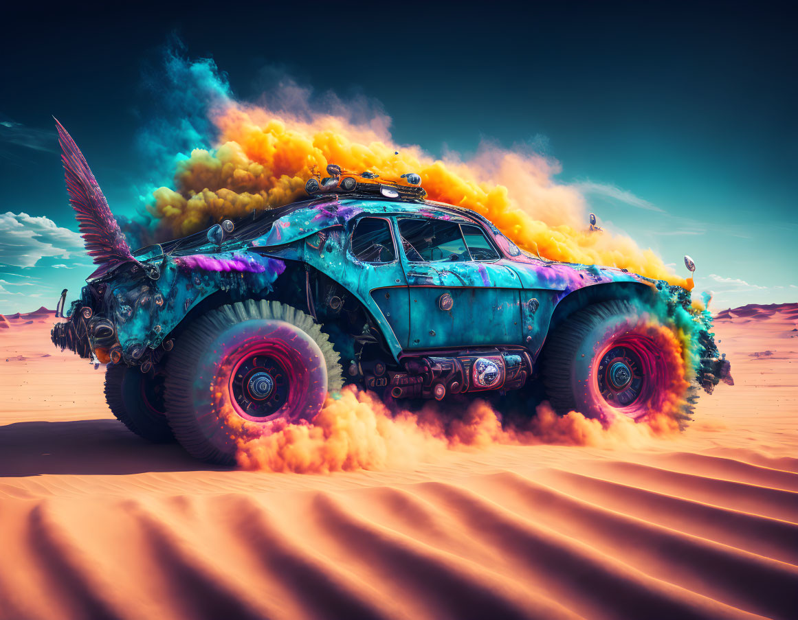 Modified car with oversized tires and spikes in desert landscape