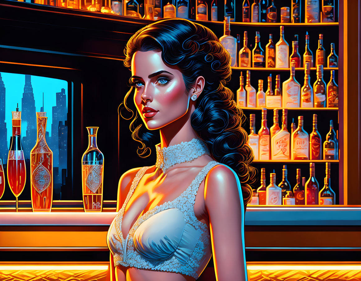 Elegant woman in lace top at bar with neon lights