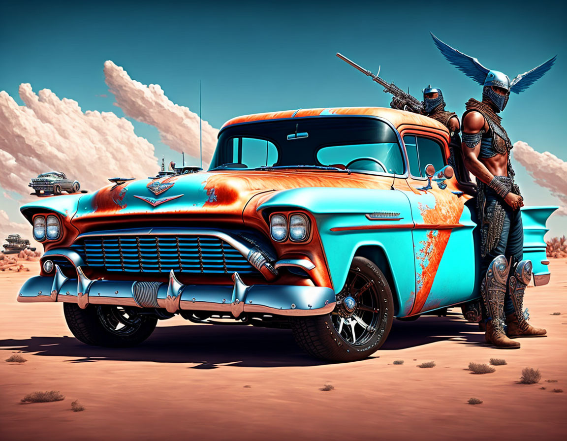 Vintage Blue and Orange Car with Chrome Details in Desert Scene with Warrior Figure