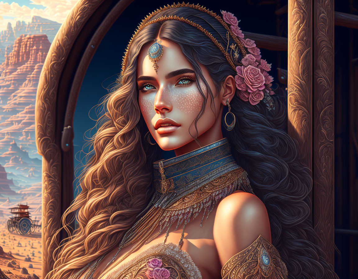 Digital Portrait of Woman with Golden Jewelry, Freckles, Blue Eyes, and Floral Hair in Fantasy