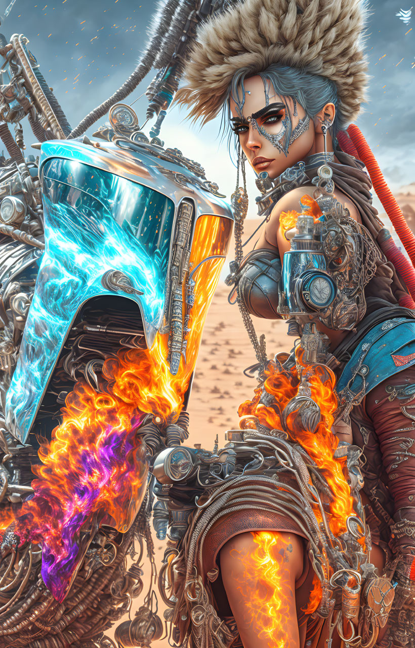 Futuristic warrior woman with blue face paint and metallic creature in desert