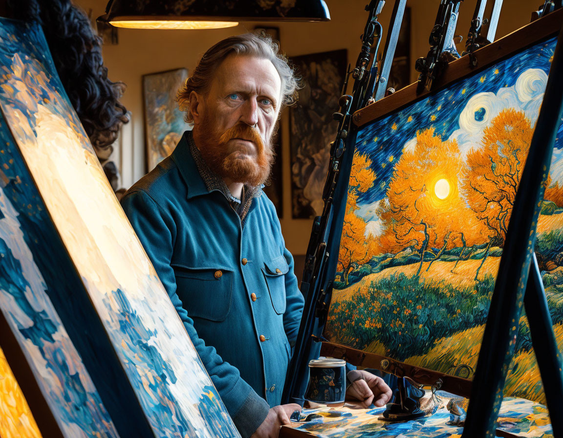 Man painting starry night scene in sunlit room surrounded by vivid artwork