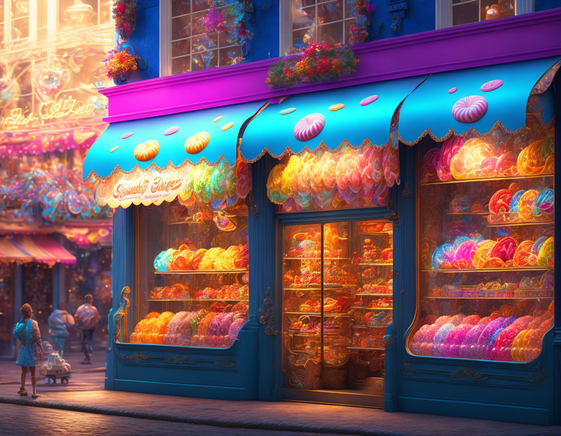 Vibrant Candy Shop Facade on Busy Street at Twilight