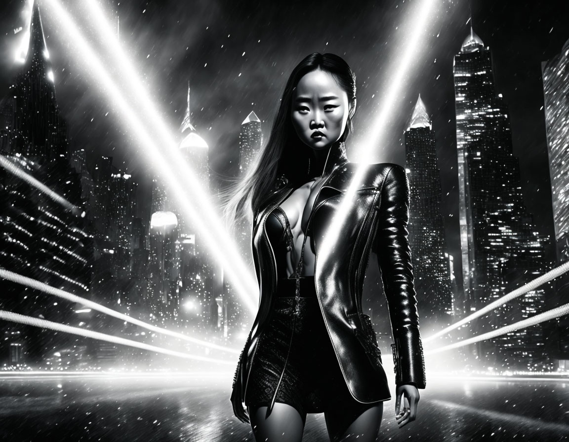 Confident woman in black leather outfit against cityscape with spotlights