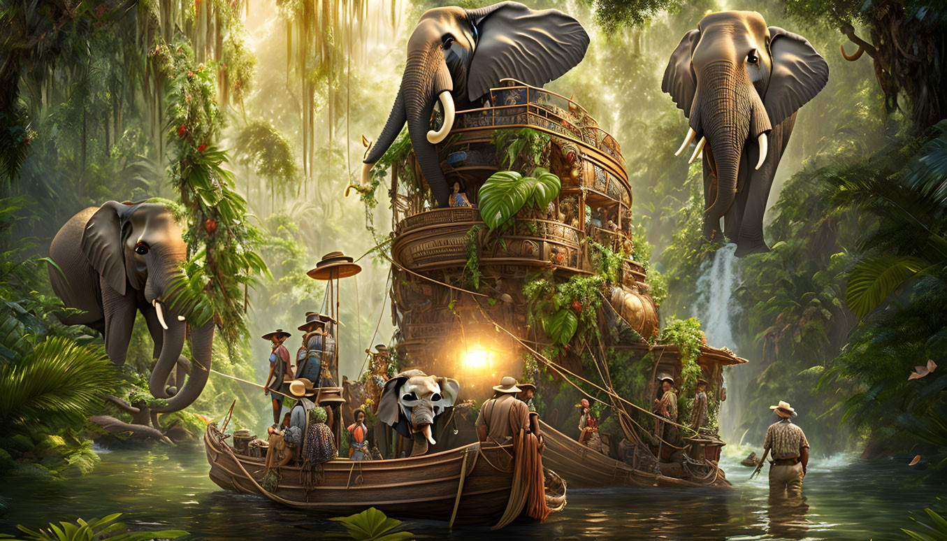 Fantastical jungle scene with adventurers, colossal elephants, waterfall, and lush architecture.