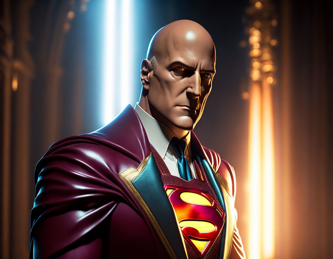 Muscular Bald Superhero in Red and Blue Suit with 'S' Emblem against Golden Pillars