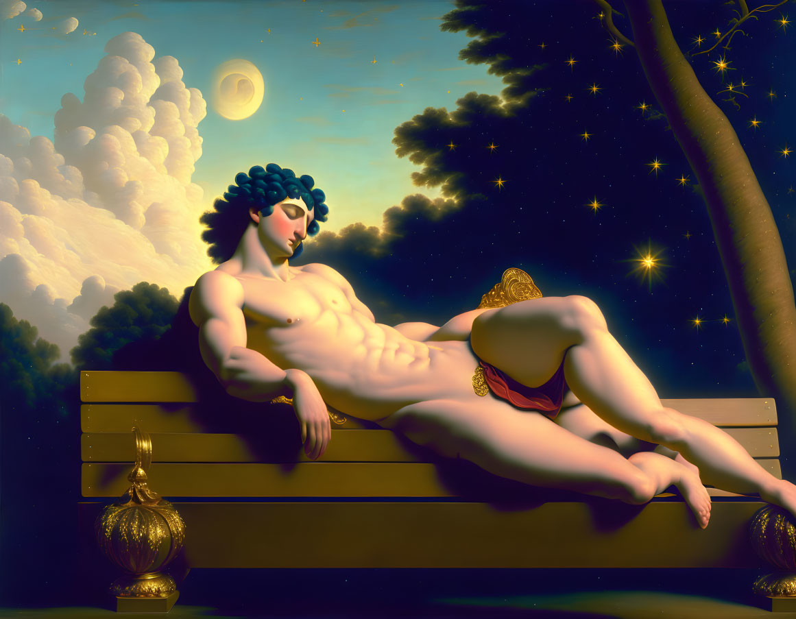 Surreal painting of reclining muscular figure under night sky