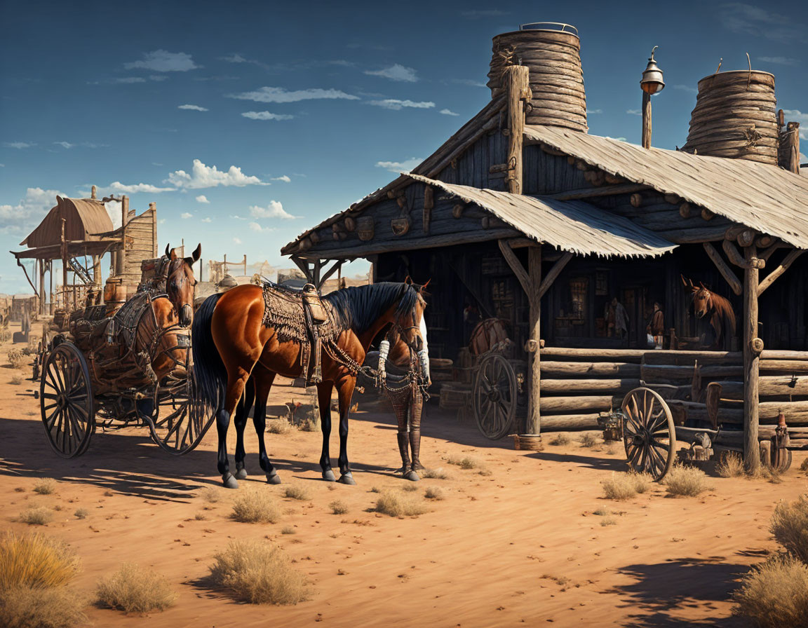 Horse harnessed to wooden wagon outside rustic desert cabin