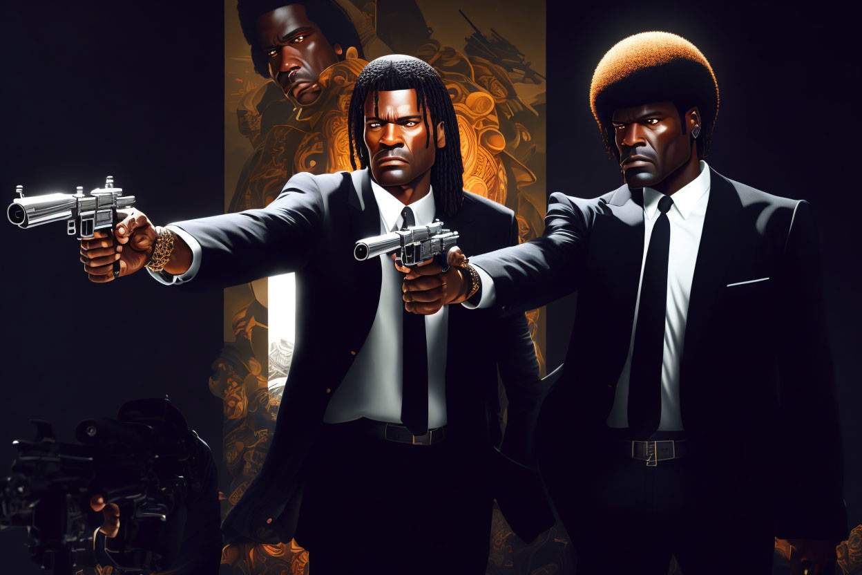 Animated characters in '70s detective suits with afros and guns on stylish dark background.