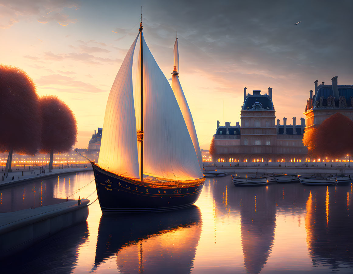 Majestic sailboat on calm waters at sunset with warm light reflecting.