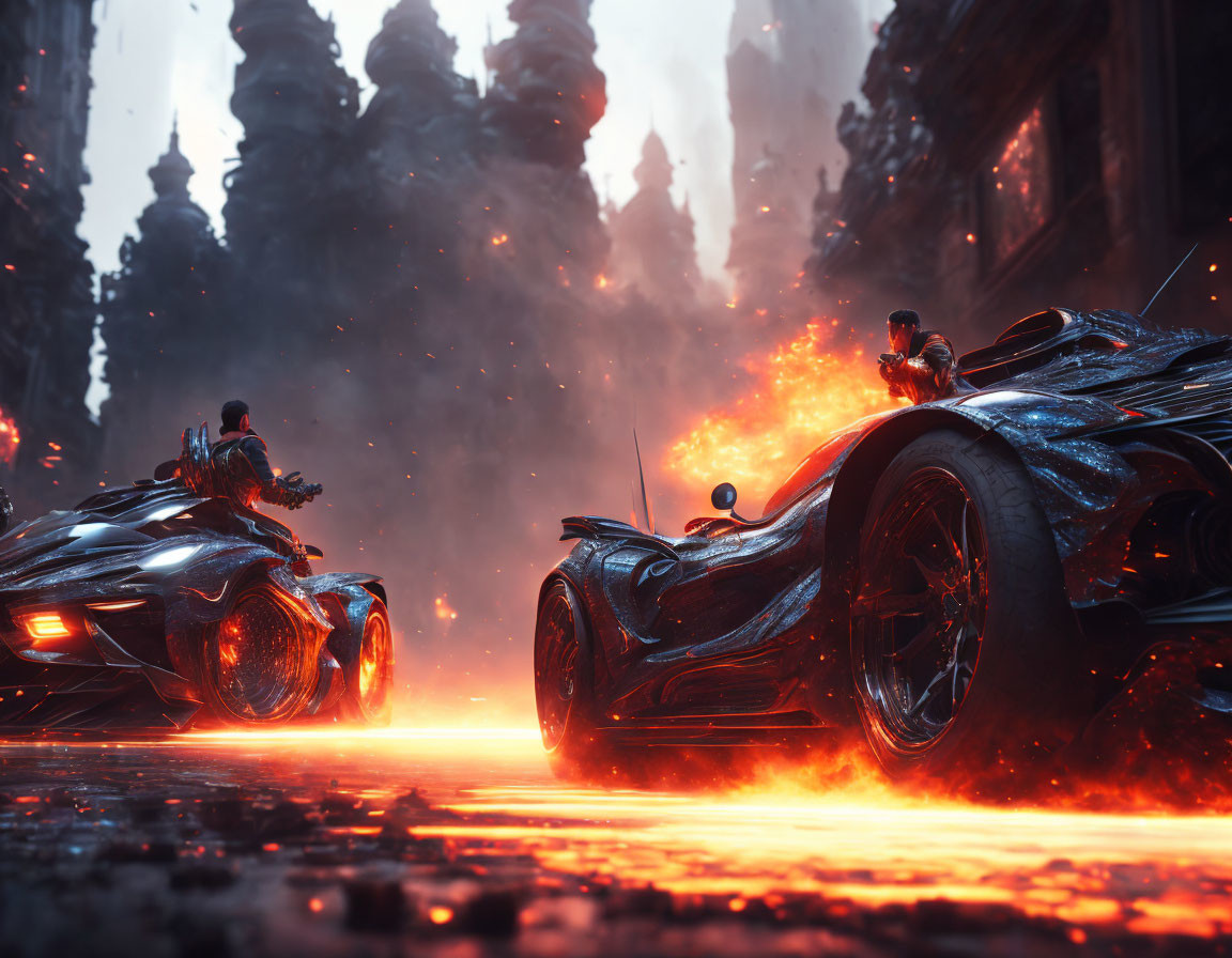 Futuristic black cars racing on lava-covered ground with glowing orange elements.