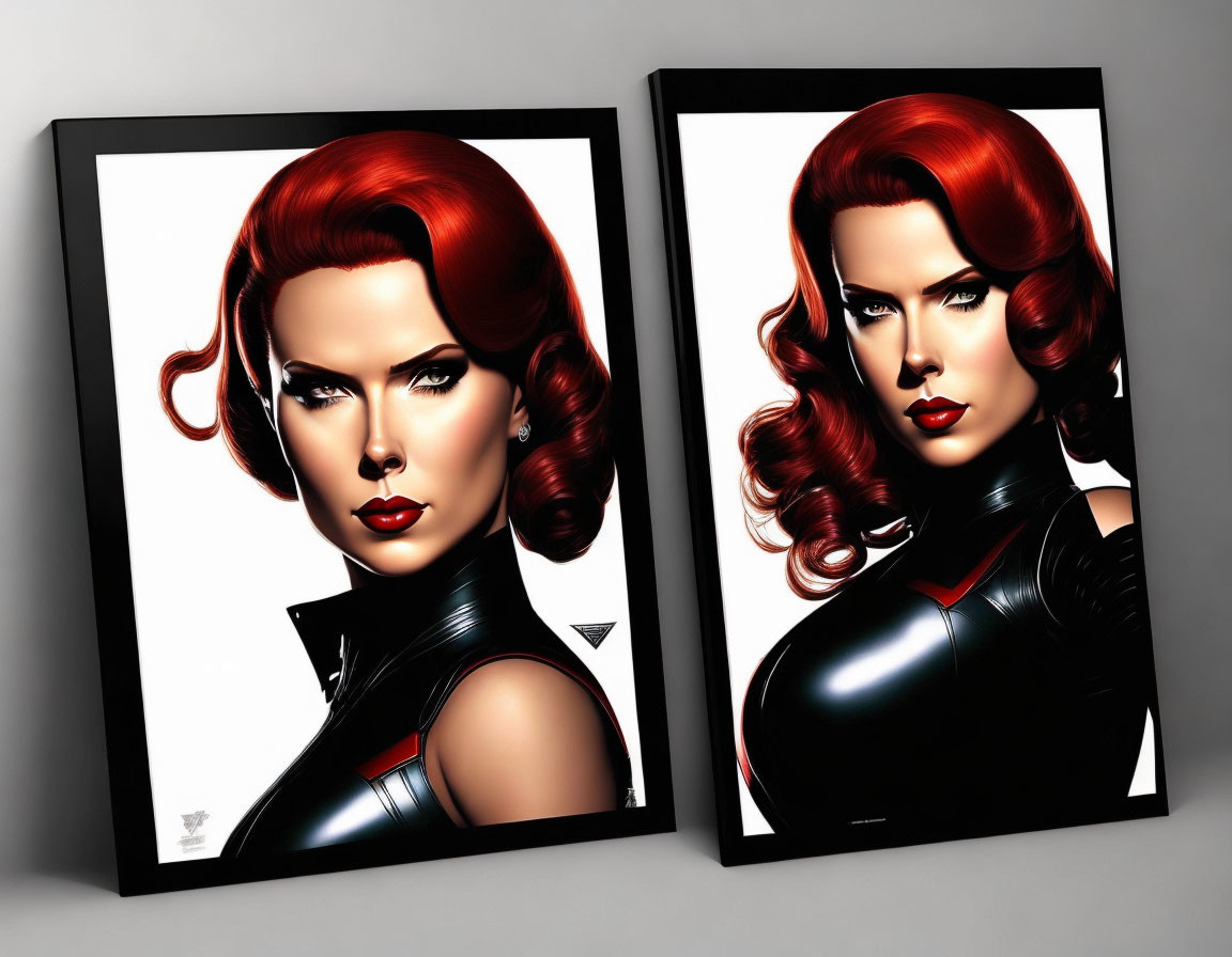 Pair of Red-Haired Woman Digital Illustrations in Black Bodysuit