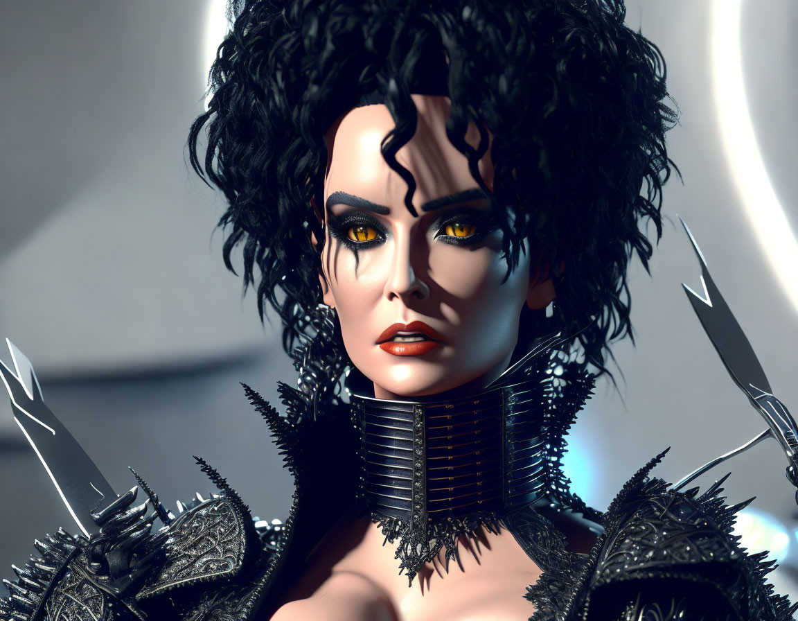 Female character with yellow eyes, black curly hair, metallic claws, spiked armor.