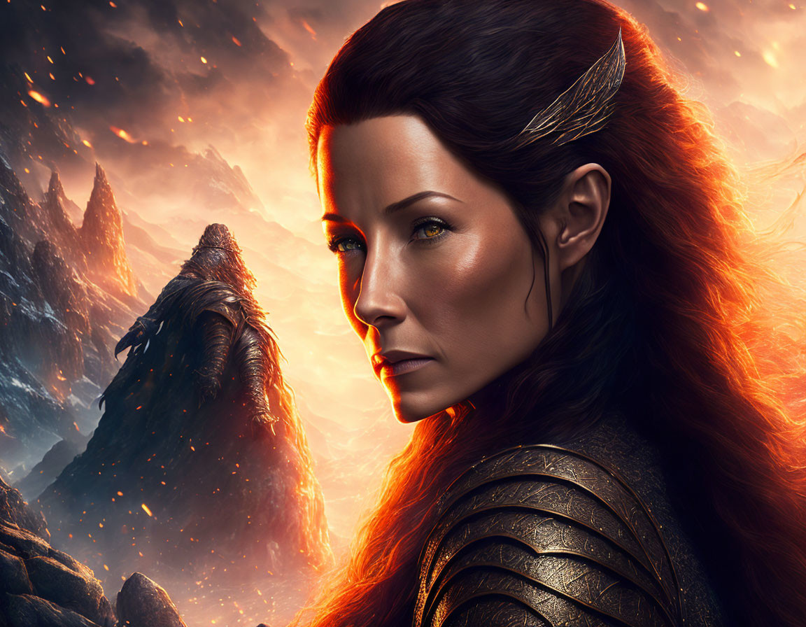 Red-haired woman in armor with elf-like ears in fiery mountain setting