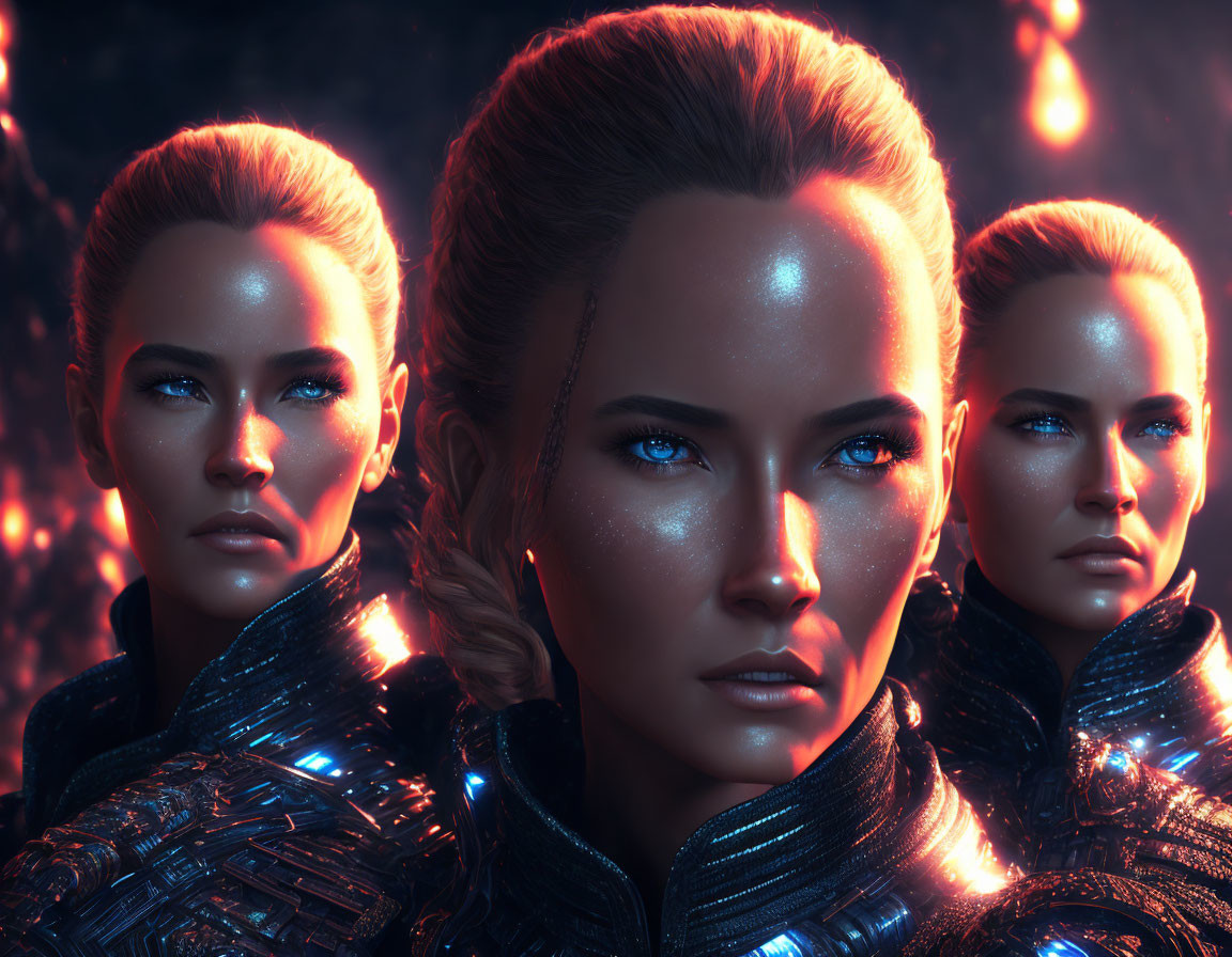 Three female figures in black armor with braided hair and glowing skin against a dark backdrop.