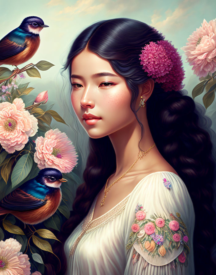 Digital painting of young woman with dark hair and pink flower, surrounded by flowers and birds.