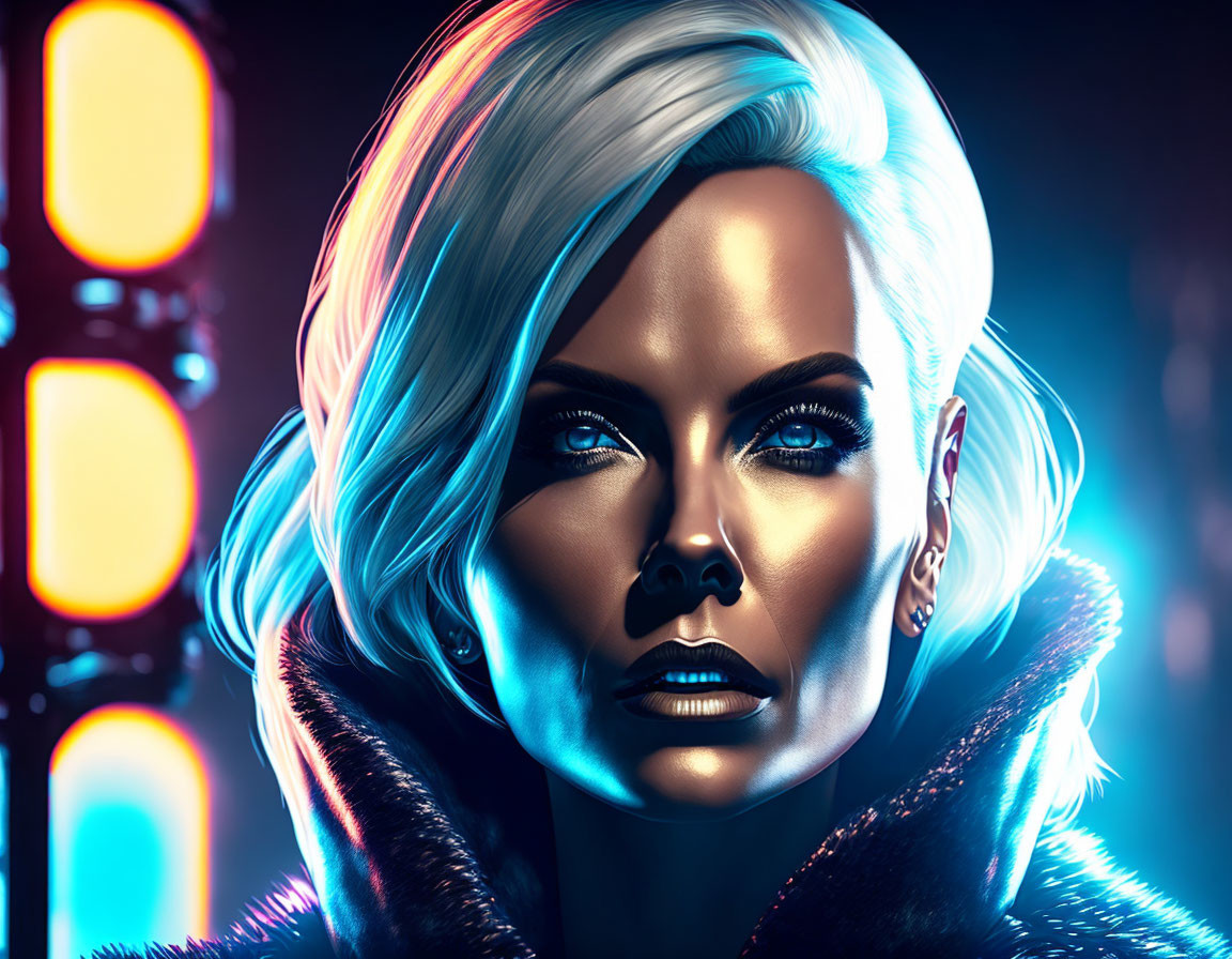 Digital artwork: Woman with blue hair and glowing skin in cyberpunk setting