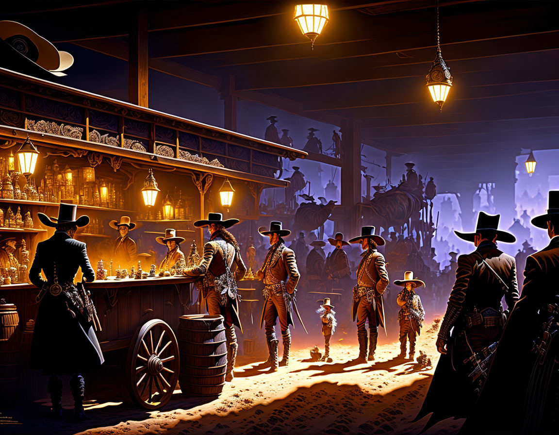 Cowboys in a Western saloon under warm lighting, with riders' silhouettes outside