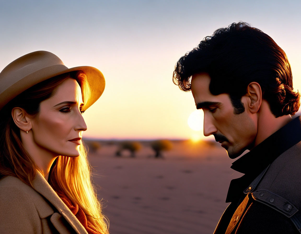 Vintage-clad duo in desert sunset setting, exuding intense or contemplative vibes