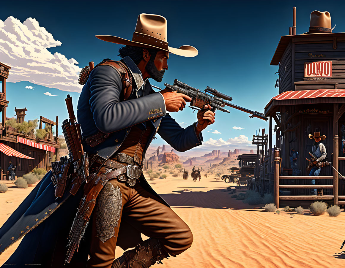 Cowboy aiming rifle in western frontier scene.