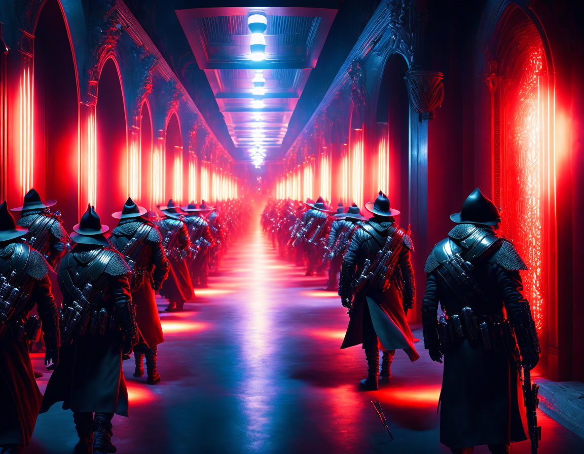 Armored soldiers in futuristic helmets under red and blue neon lights