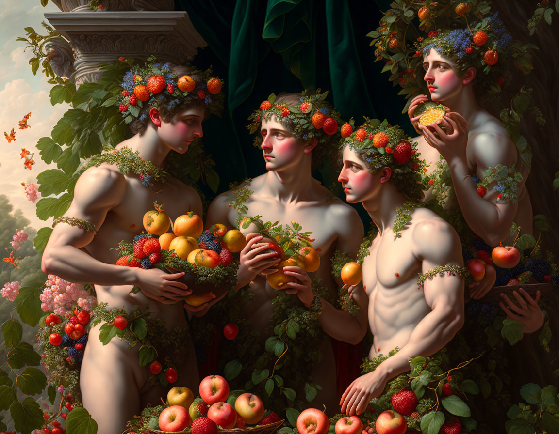 Classical figures with fruits and leaves in lush setting with apples and butterflies