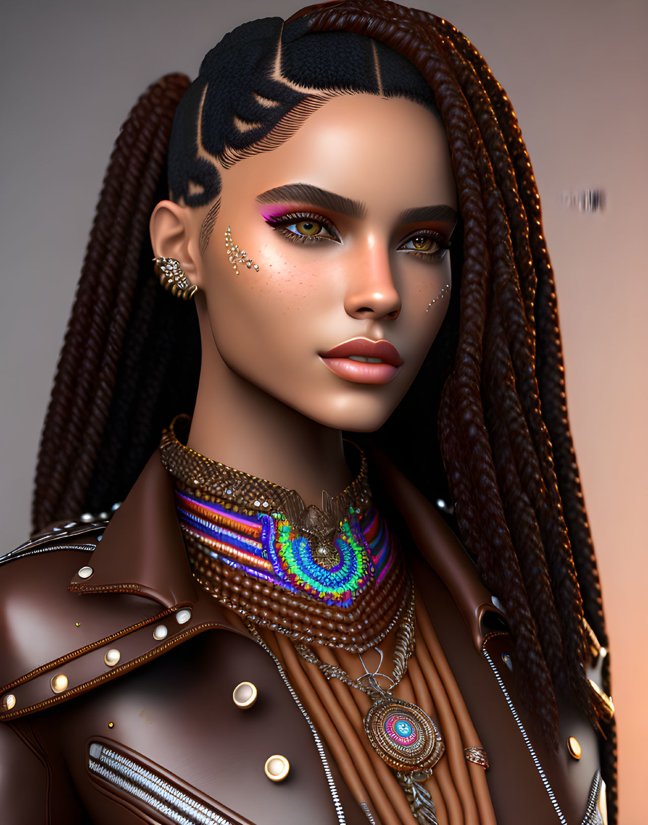 Woman with braided hair, artistic makeup, studded jacket, and colorful necklaces.