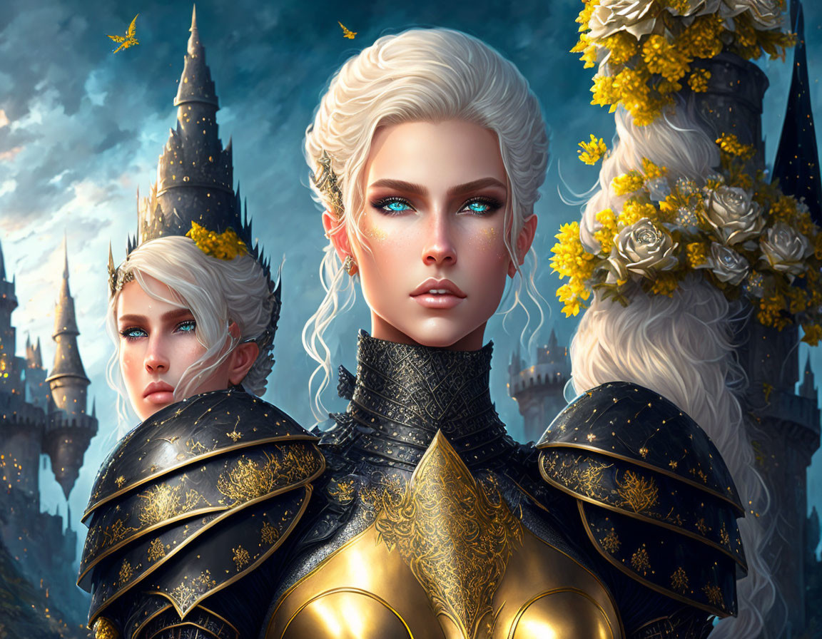 Fantasy characters in ornate black and gold armor against mystical towers