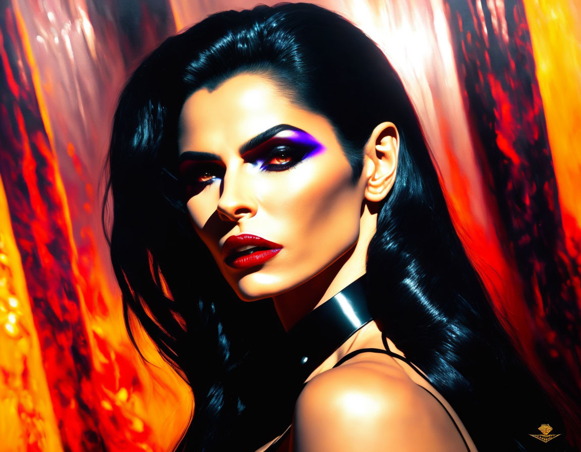 Dark-Haired Woman with Purple Eyeshadow on Fiery Background