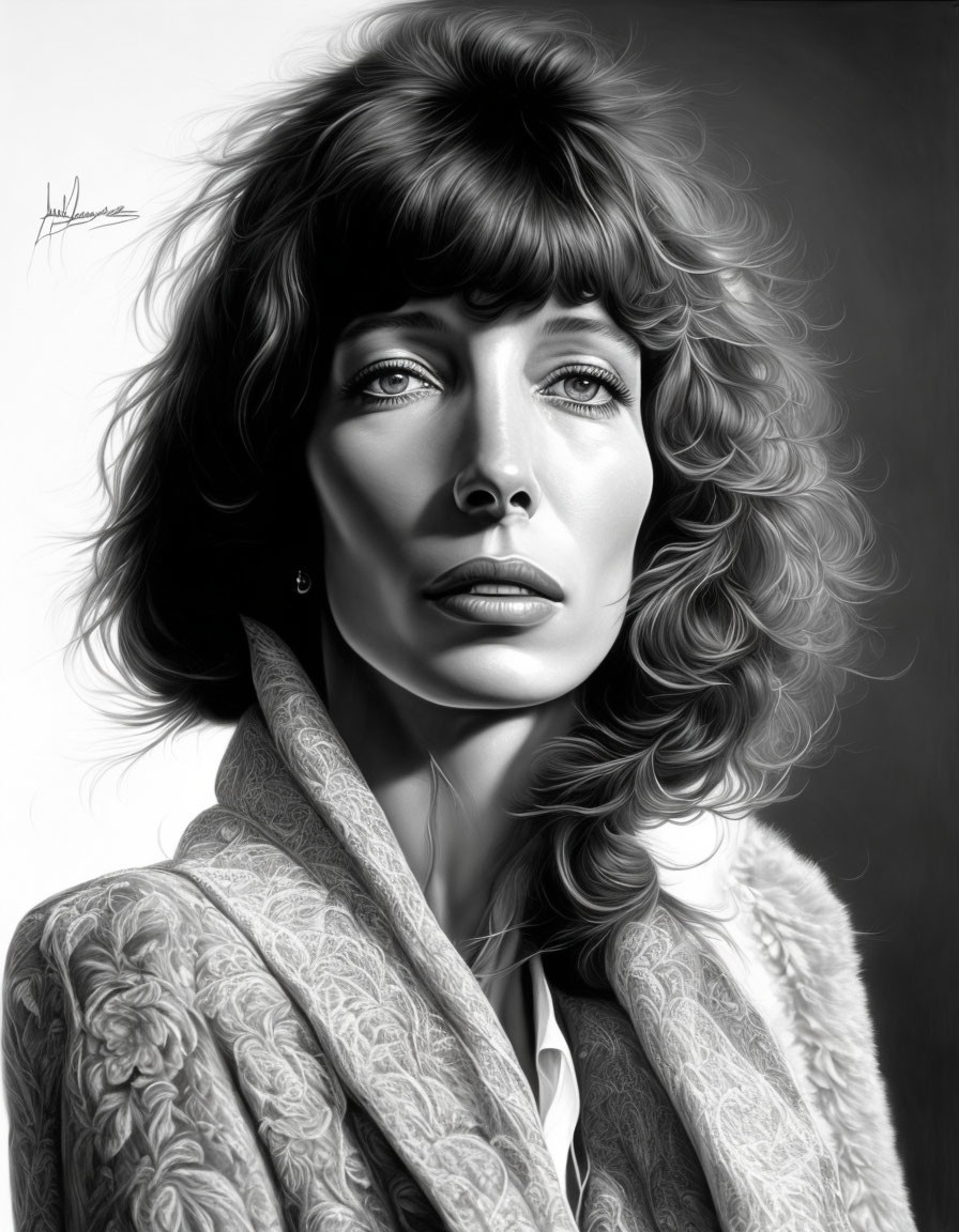 Monochrome portrait of a woman with wavy hair and textured jacket