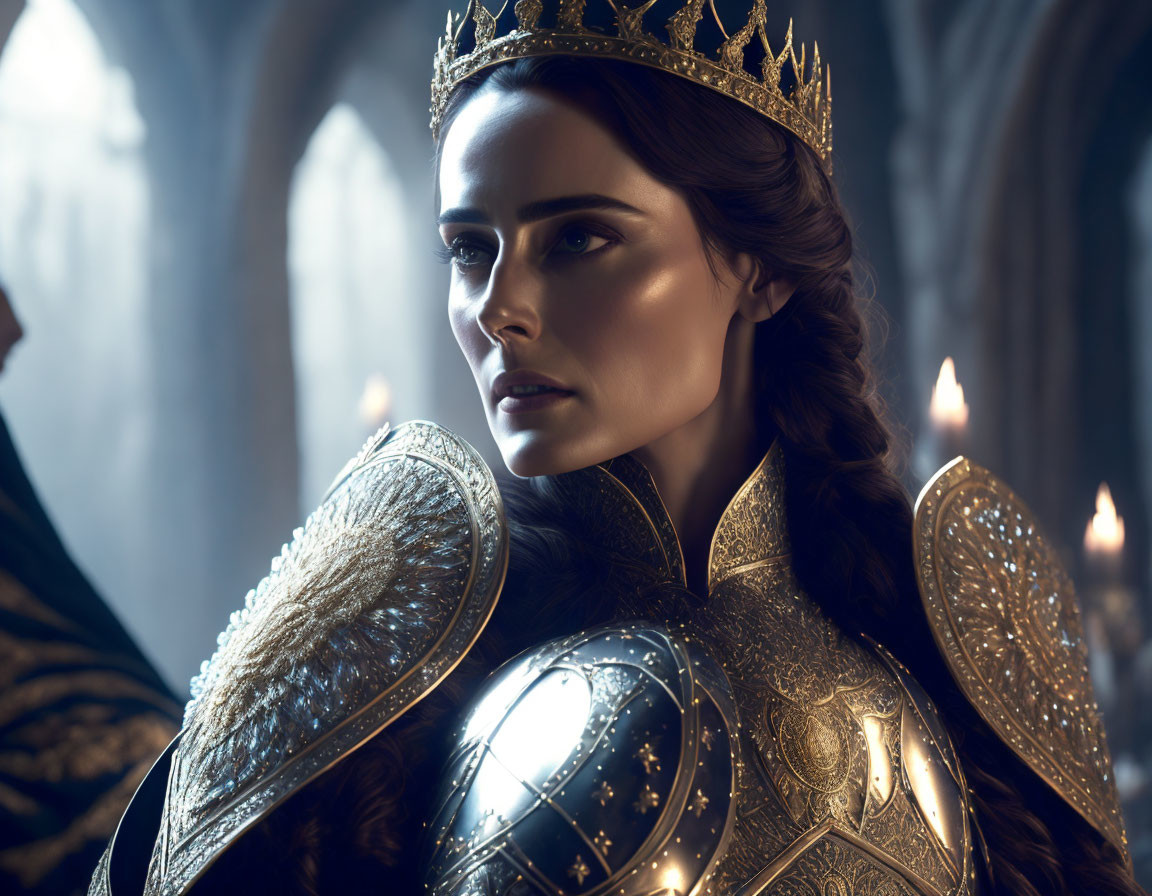 Regal woman in golden armor and crown in gothic hall pose solemnly