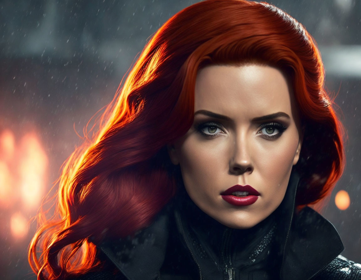 Portrait of woman with red hair, blue eyes, dark attire, snow backdrop, distant flames