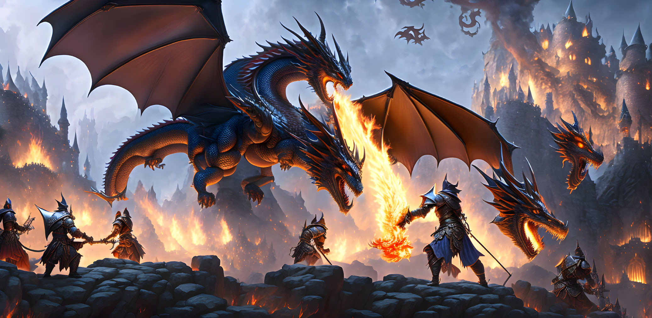 Armored warriors, blue dragon, flaming castles in battle