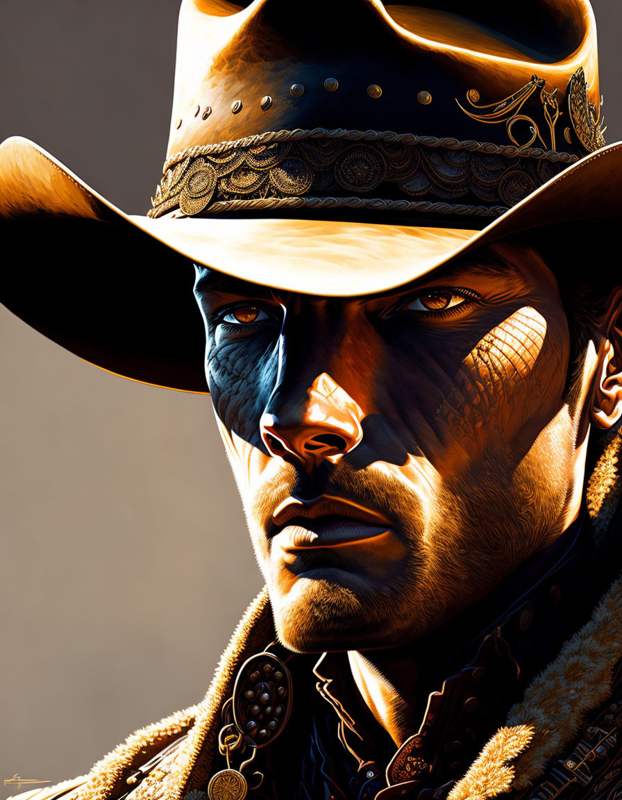 Detailed Cowboy Hat Man Illustration in Western Attire