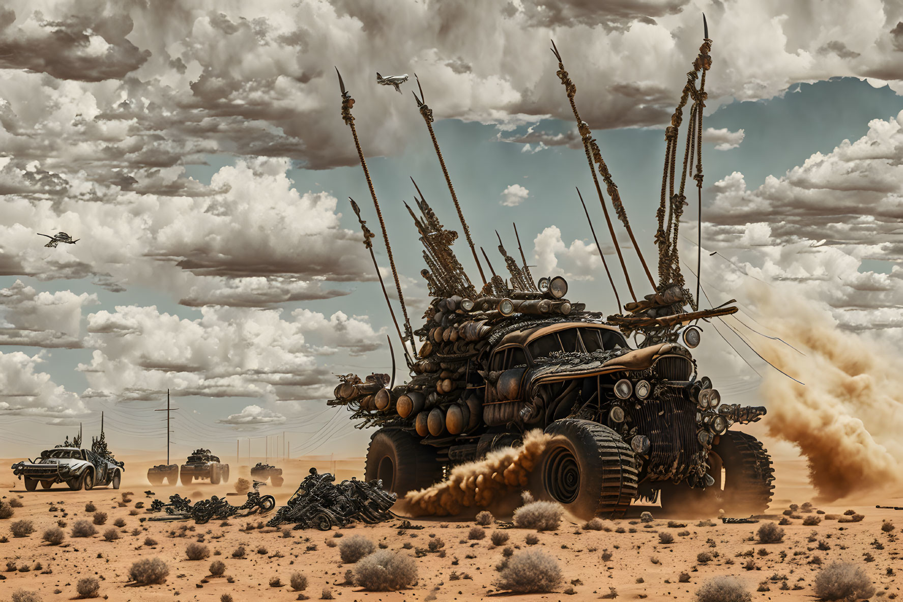 Armored cars with towering spikes racing in a dusty desert landscape