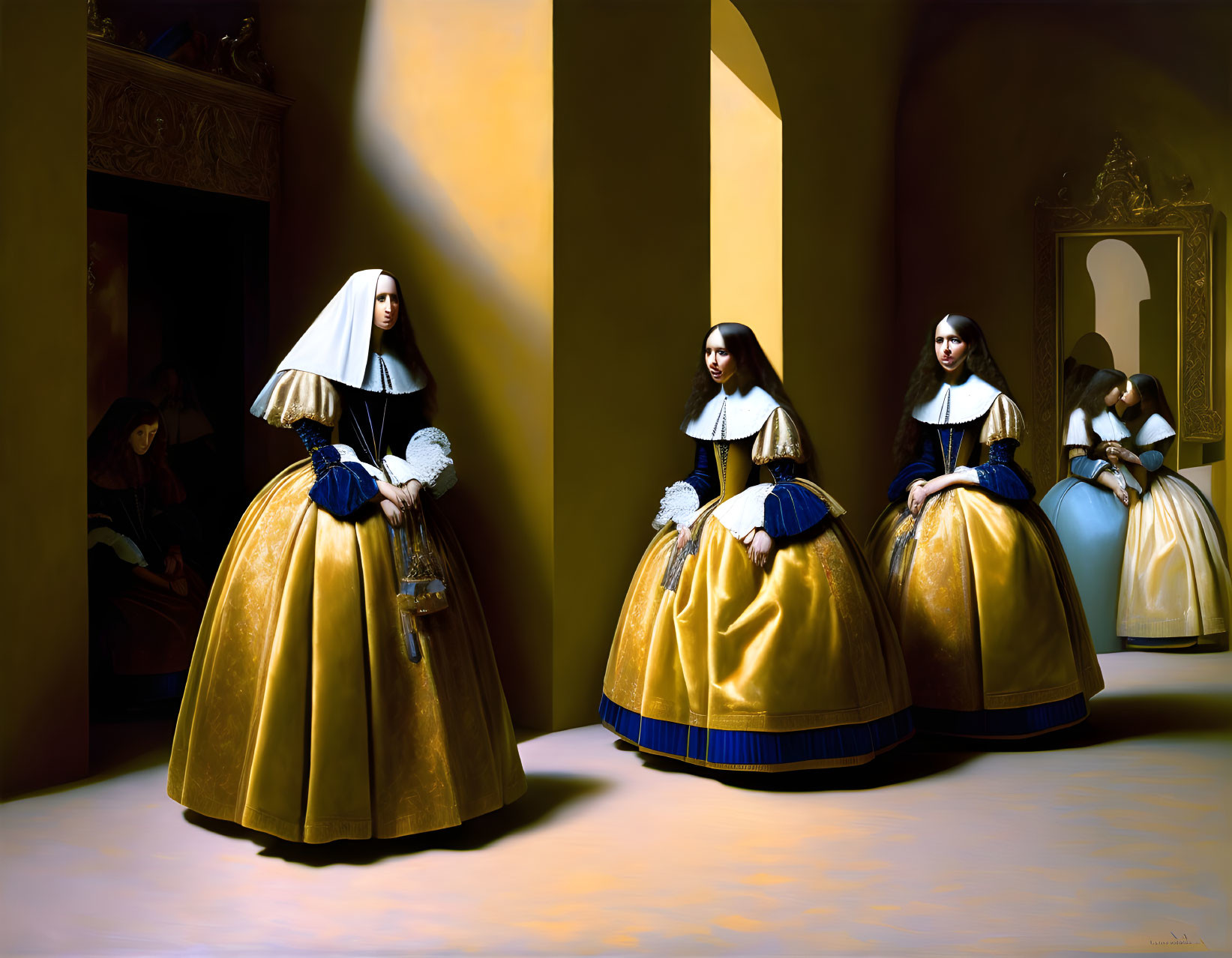 Four women in traditional Dutch clothing under dramatic lighting