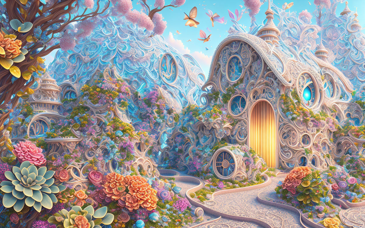 Fantasy landscape with organic structures and butterflies