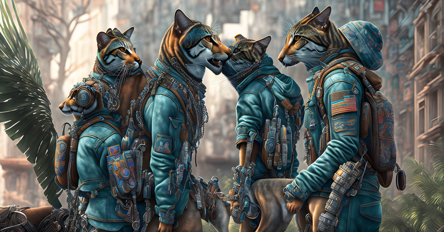 Anthropomorphic cats in steampunk attire exploring ruined cityscape