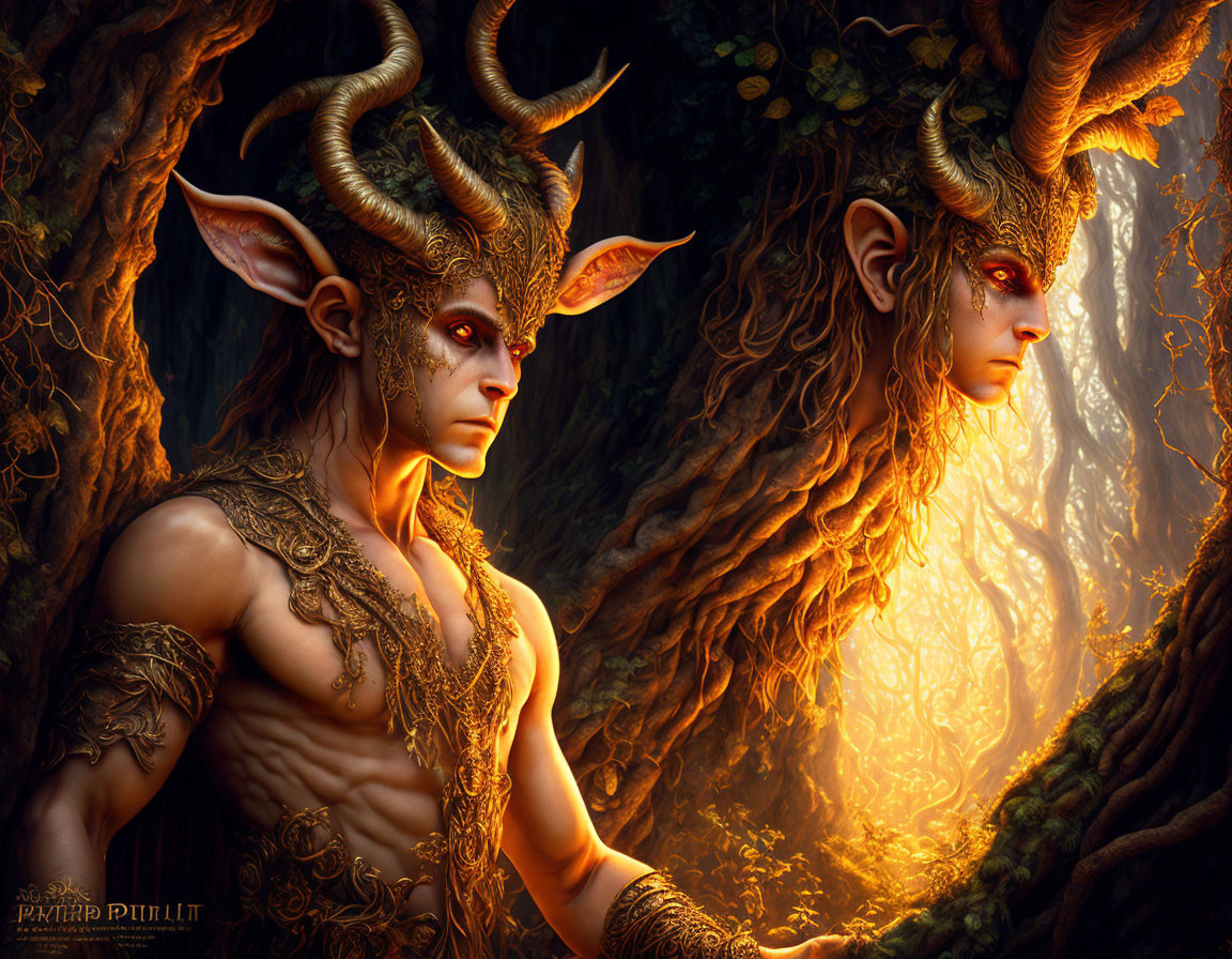 Fantasy Artwork: Two Horned Characters in Enchanted Forest