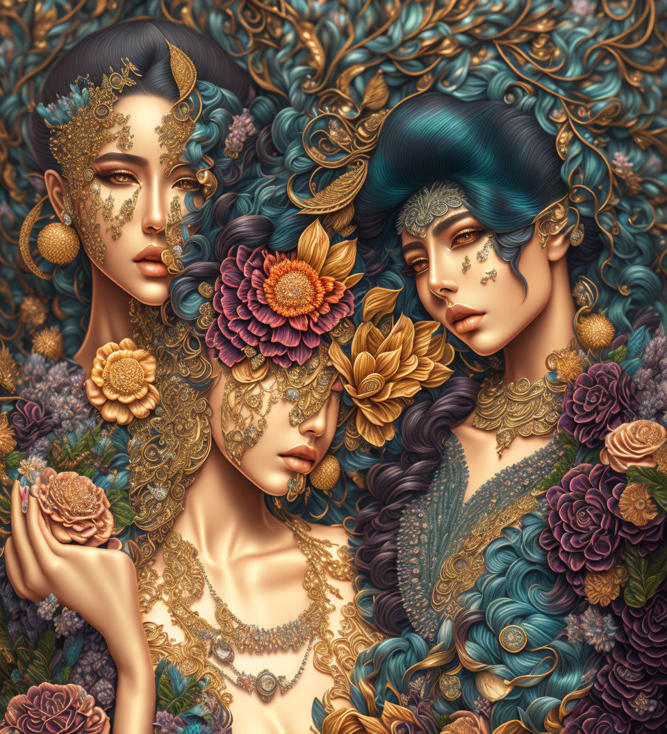 Ethereal women with golden jewelry in floral setting