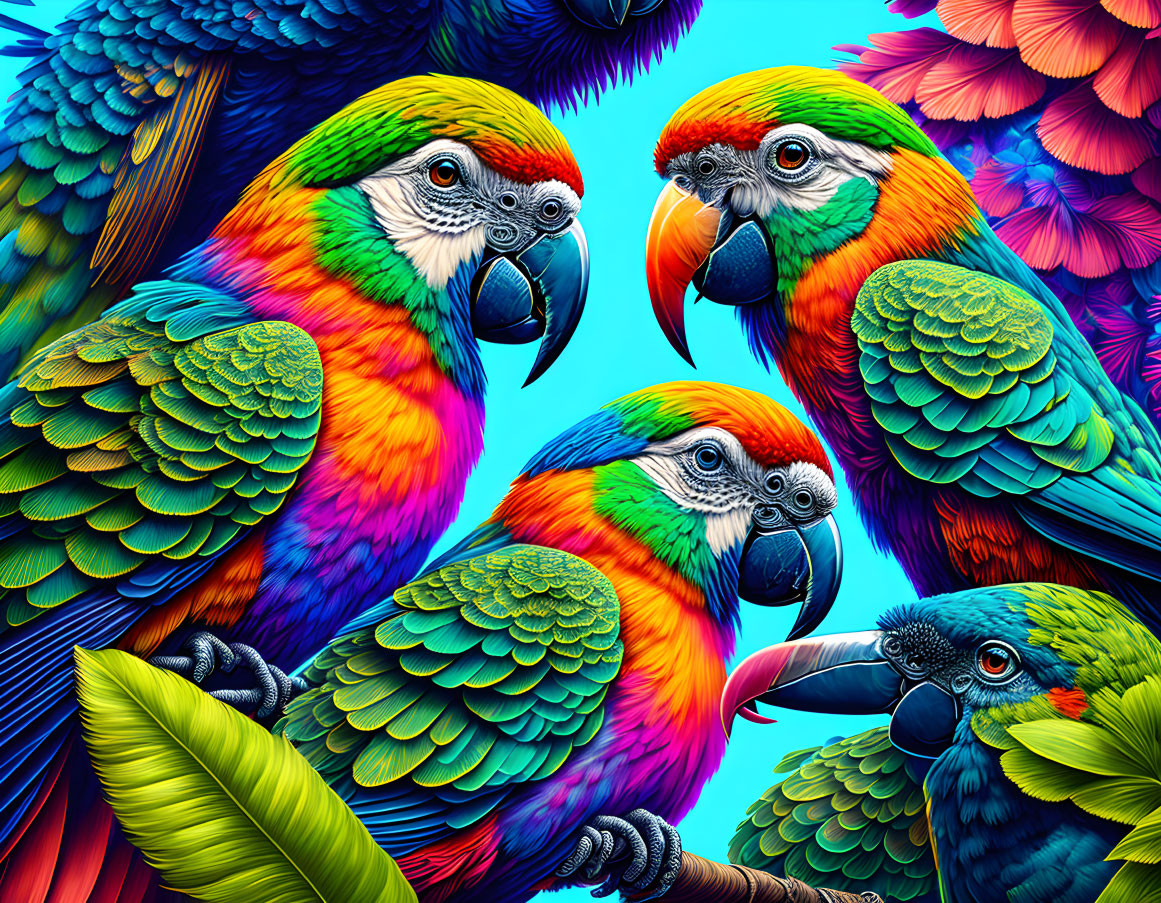 Vibrant image of four colorful macaws perched together